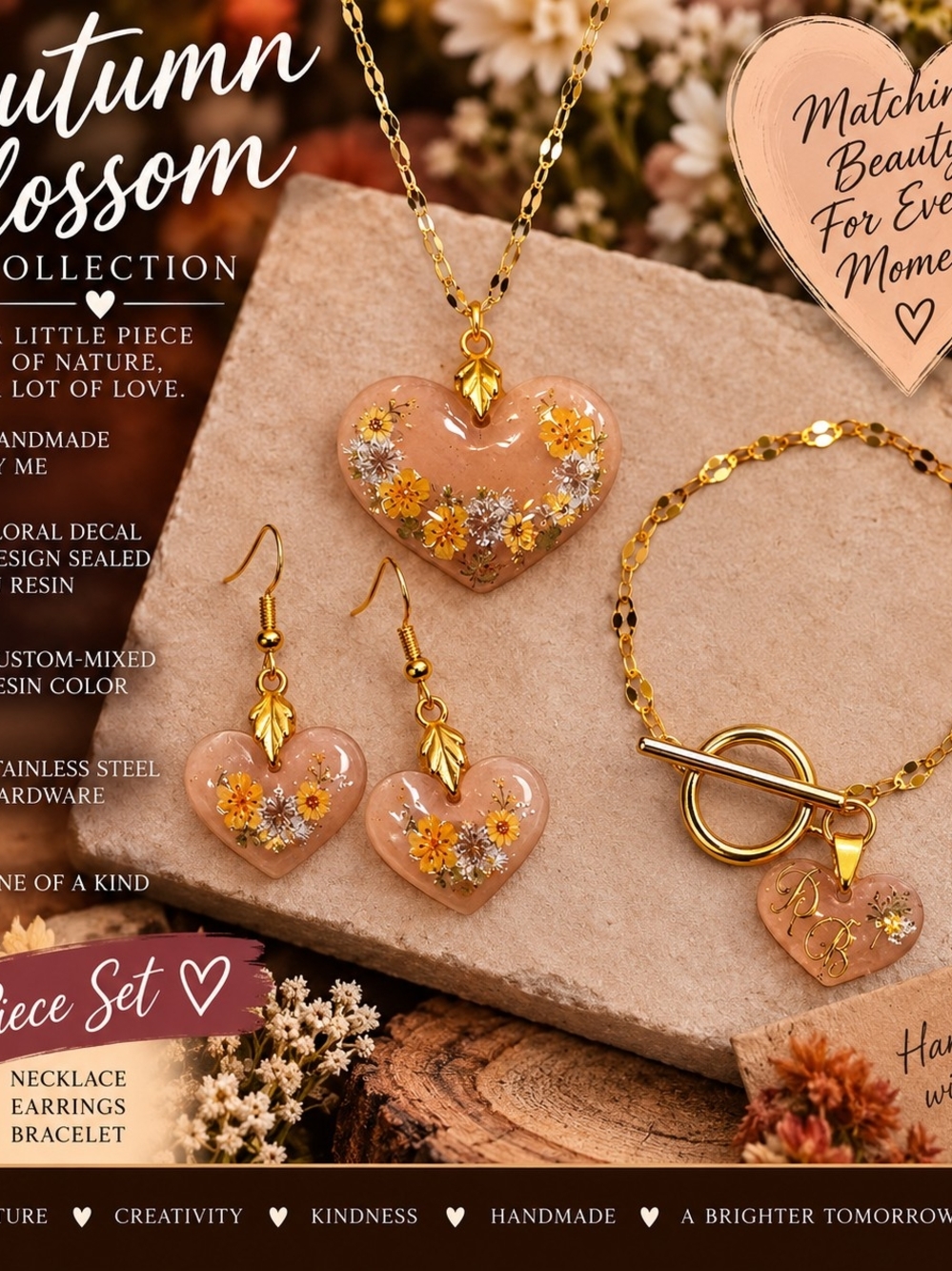 Handmade Autumn Blossom Golden Blush 3 Piece Resin Jewelry Set Stainless Steel